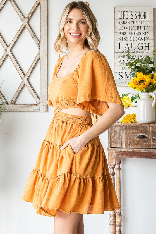 WASHED CROSS CUTOUT TIERED MINI DRESS