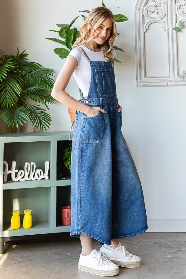 WASHED FRONT POCKET SLEEVELESS DENIM JUMPSUIT