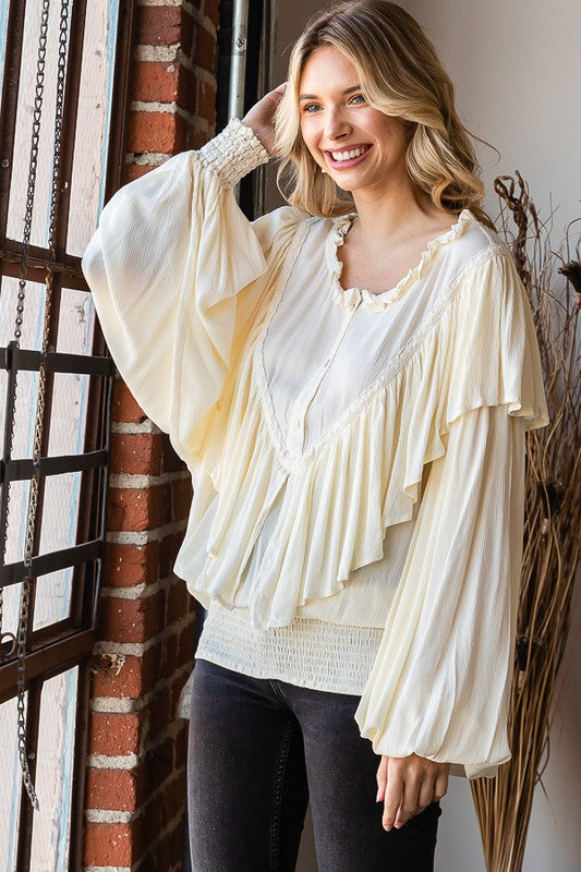 WASHED RUFFLE DETAIL WASHED SMOCKED HEM TOP