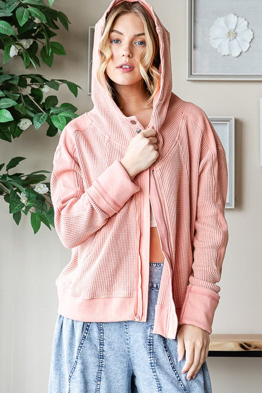 MINERAL WASHED HOODED ZIP FRONT WAFFLE JACKET