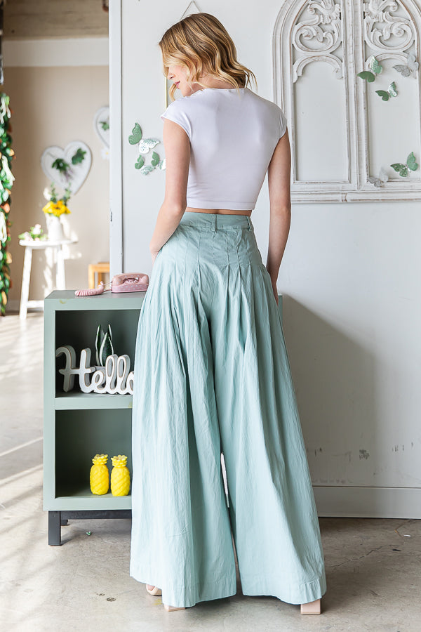 WASHED COTTON PLEATED WIDE LEG PANTS