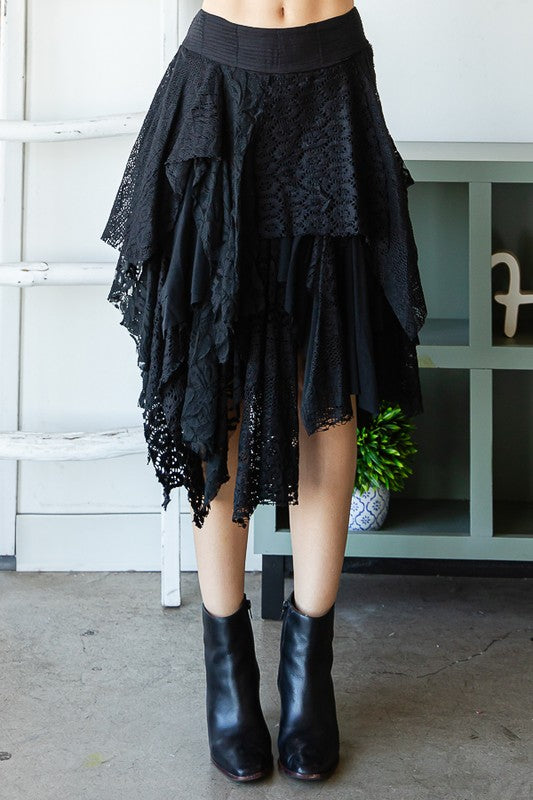 LAYERED LACE MIX MEDIA KNEE LENGTH SKIRT