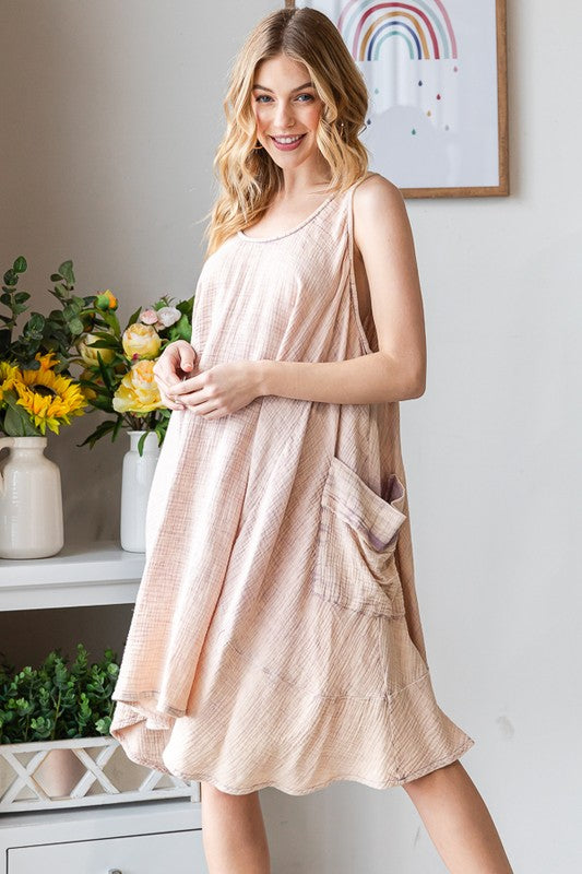 MINERAL WASHED SIDE POCKET FLARE HEM TANK DRESS