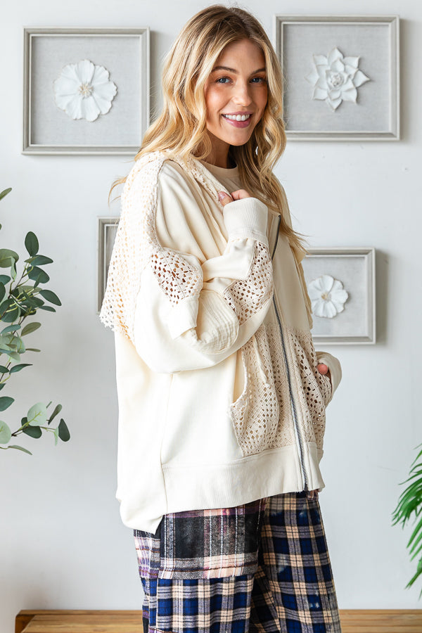 WASHED BACK TWIST DETAIL HOODED ZIP UP JACKET