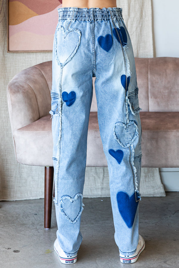 WASHED HEART DETAIL MID RISE STRETCH DENIM JEANS