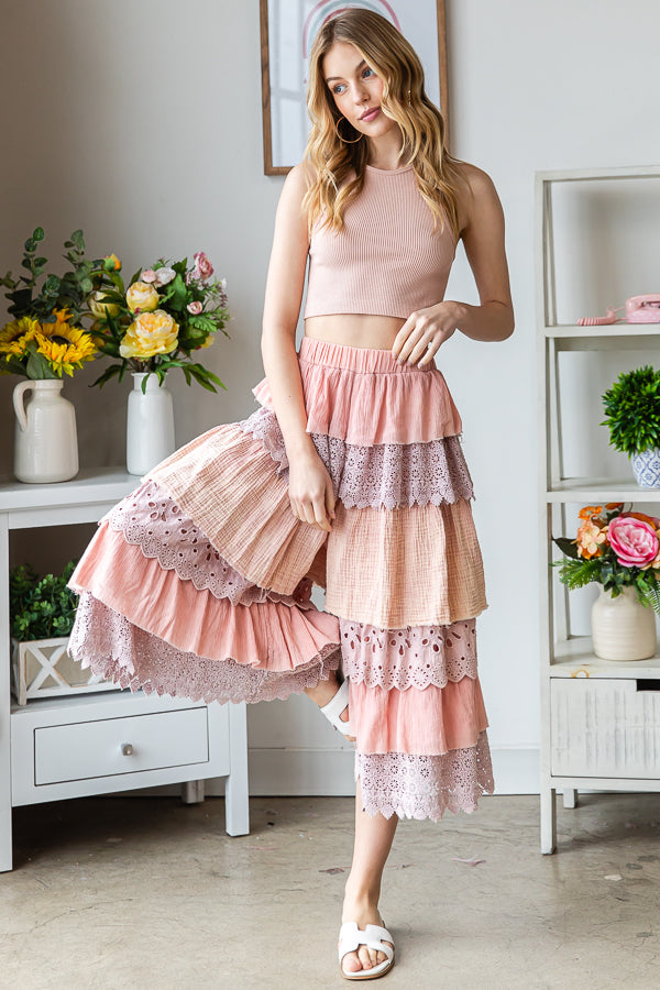 WASHED MIX MEDIA TIERED WIDE LEG CROPPED PANTS