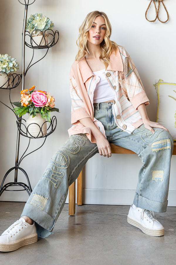 WASHED MIX MEDIA BUTTON DOWN SHORT SLEEVE SHIRT