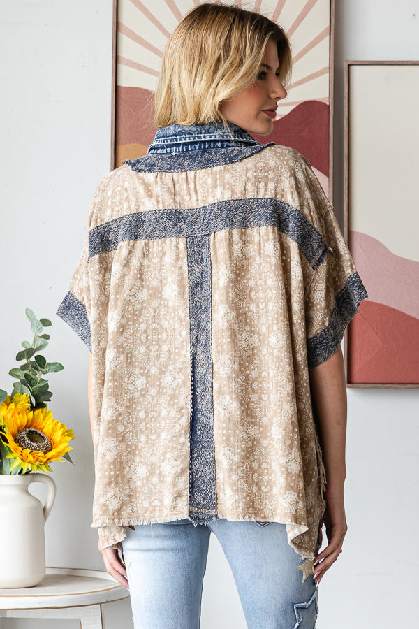 WASHED CROCHET PATCHWORK BUTTON DOWN SHIRT