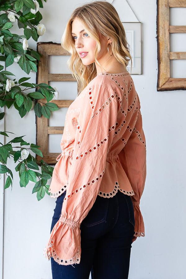 WASHED EMBROIDERED SCALLOP EDGE PEPLUM TOP