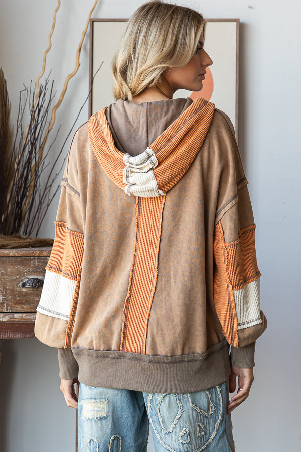 WASHED COLORBLOCK HOODED SOFT THERMAL JACKET