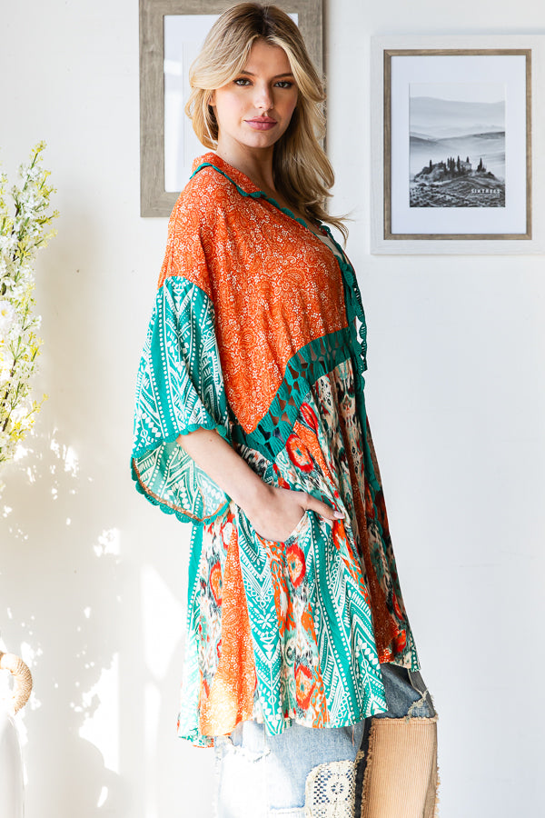 PRINTED MIX KIMONO MINI DRESS