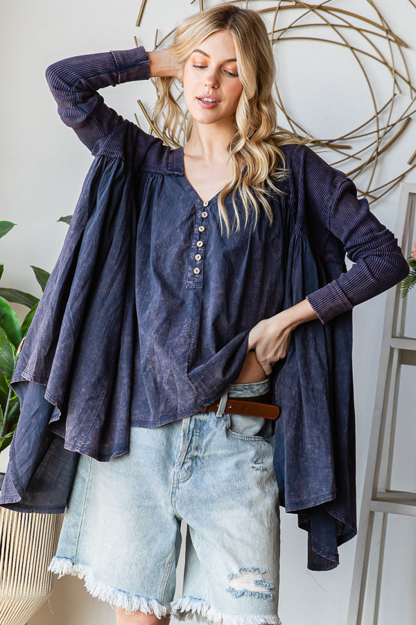WASHED PLEATED DETAIL LONG SLEEVE FLARE TUNIC TOP