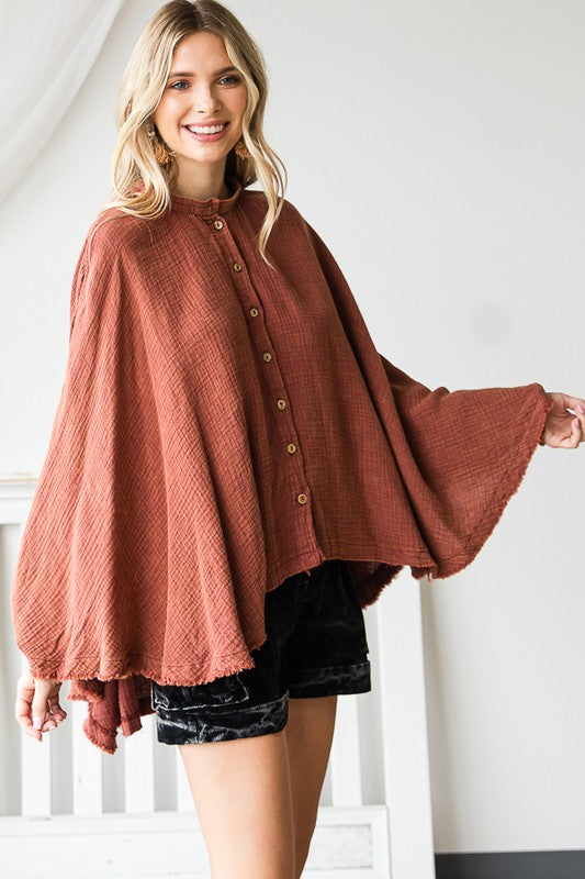 WASHED BUTTON DOWN BATWING SLEEVE OVERSIZED BLOUSE