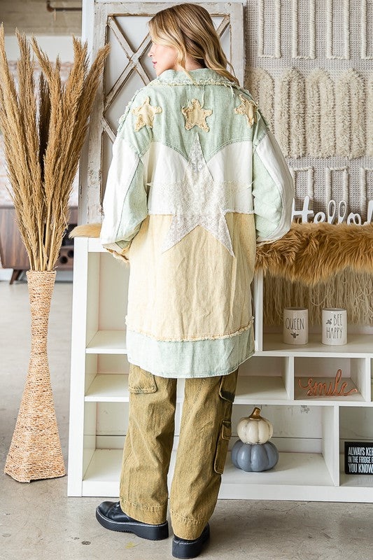 WASHED STAR PATCHWORK MIXED PLAID HOODED SHACKET
