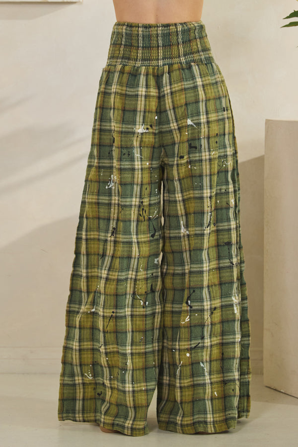 WASHED PLAID SMOCKED WAIST WIDE LEG PANTS