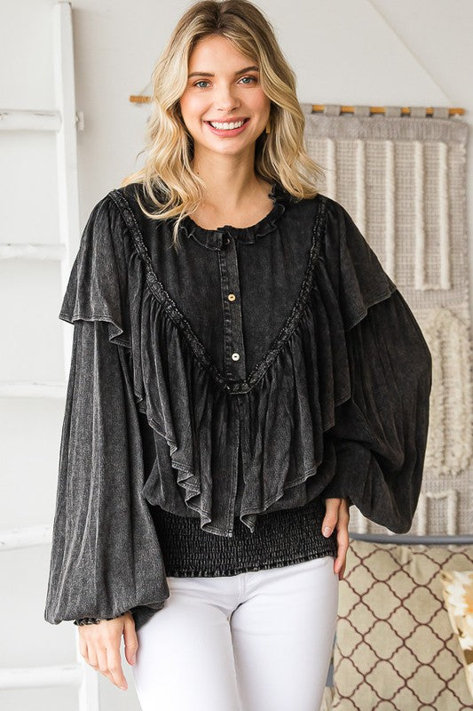 WASHED RUFFLE DETAIL WASHED SMOCKED HEM TOP
