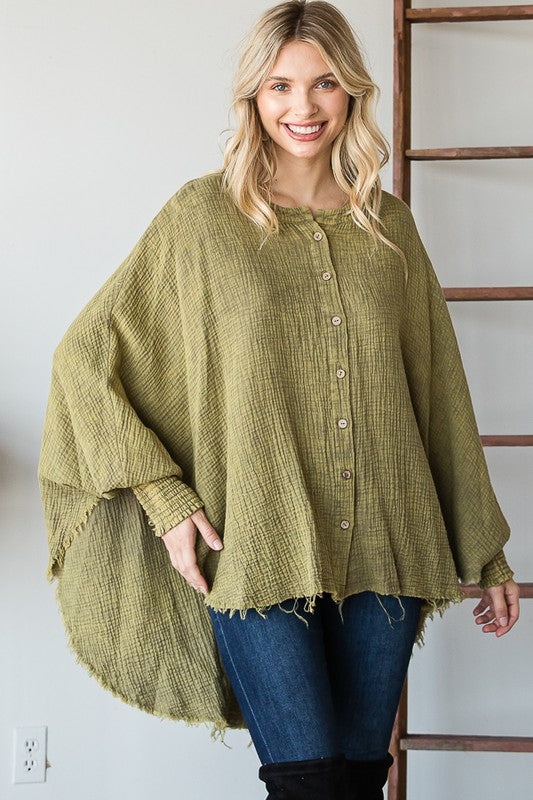 WASHED BUTTON DOWN BATWING SLEEVE OVERSIZED BLOUSE