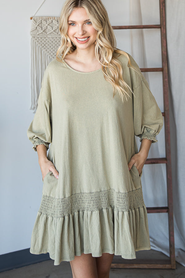 WASHED SMOCK DETAIL FLARE HEM OPEN BACK DRESS