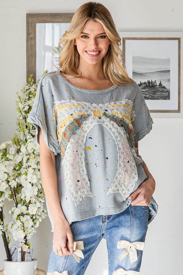 PAINT SPLATTER DETAIL RIBBON PATCHWORK TOP