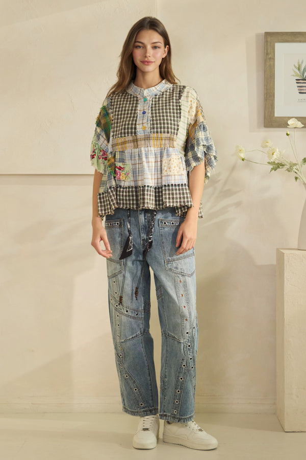 WASHED RUFFLE HEM MIXED PLAID TOP