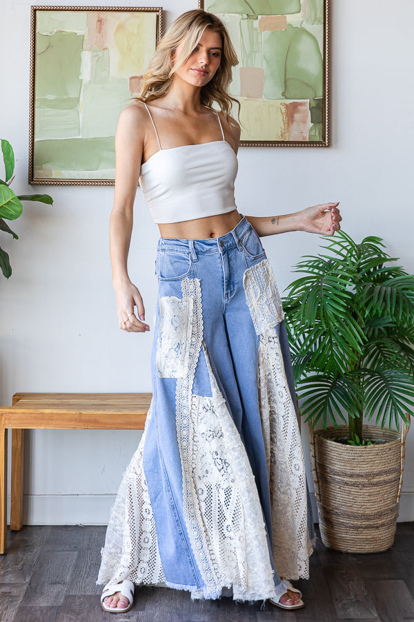 LACE INSERT DETAIL RUFFLE FLARE WIDE LEG PANTS