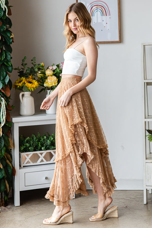LAYERED IRREGULAR LACE FLARE MIDI SKIRT