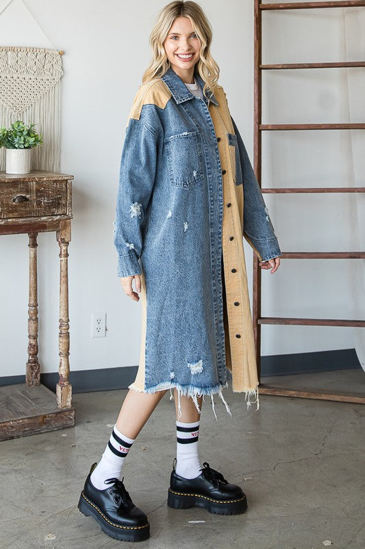 WASHED COLORBLOCK DETAIL DENIM LONG JACKET