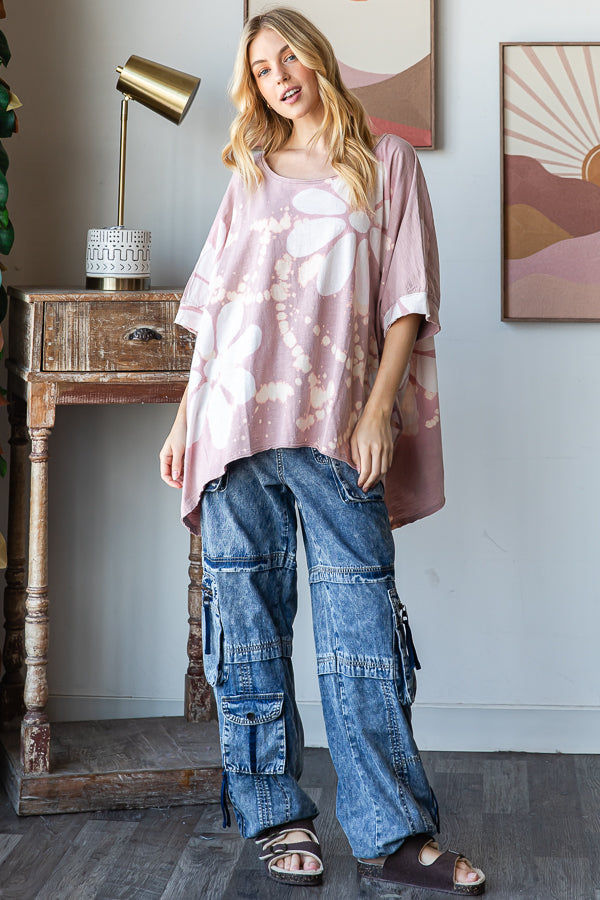 WASHED BIG FLOWER PRINTED OVERSIZED TEE