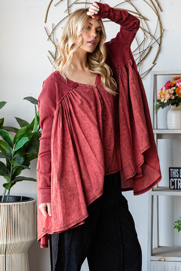 WASHED PLEATED DETAIL LONG SLEEVE FLARE TUNIC TOP