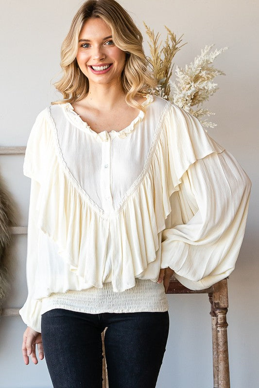 WASHED RUFFLE DETAIL WASHED SMOCKED HEM TOP
