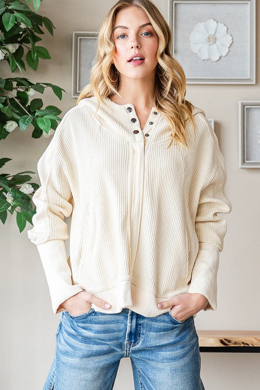 MINERAL WASHED HOODED ZIP FRONT WAFFLE JACKET