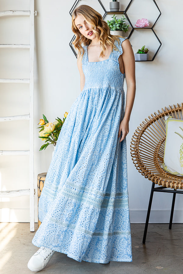WASHED SMOCKED EYELET SLEEVELESS WIDE LEG JUMPSUIT