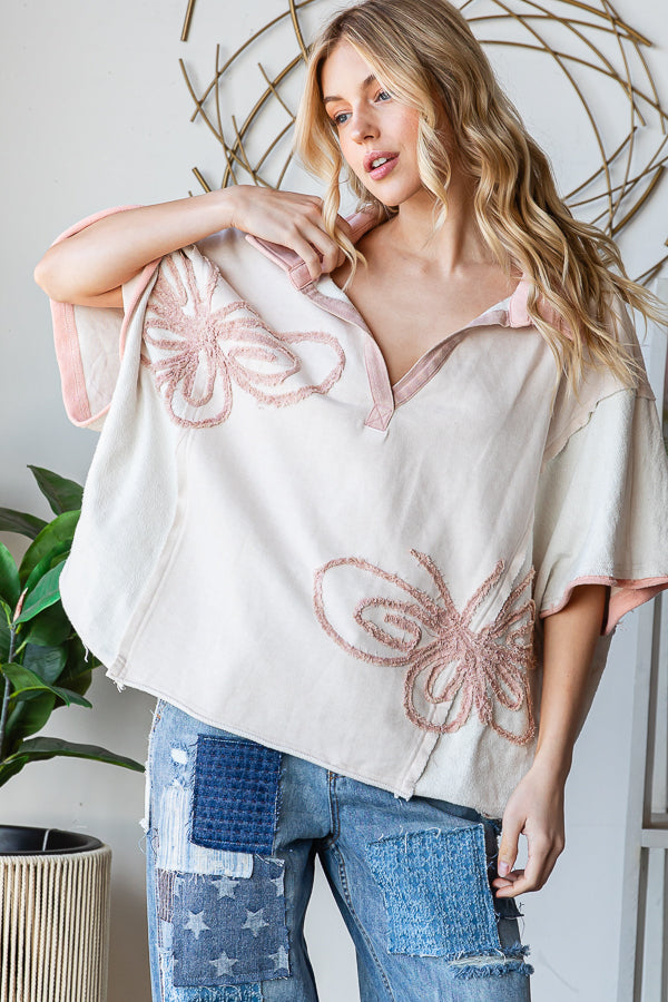 WASHED BUTTERFLY PATCHWORK HENLEY NECK KNIT TOP