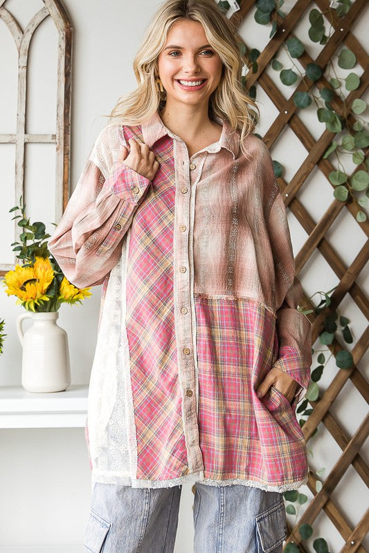 MIX MEDIA PLAID LONG SLEEVE SHIRT
