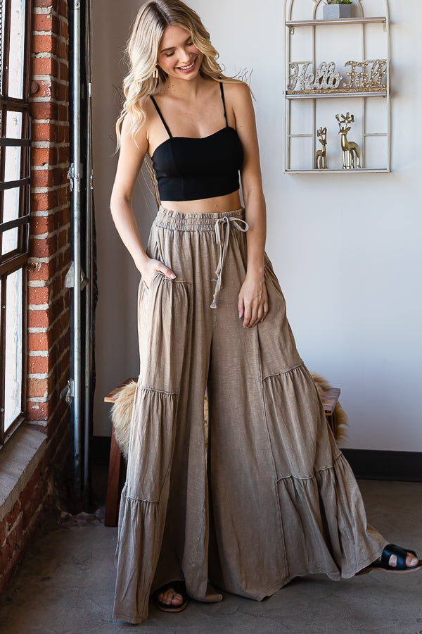 MINERAL WASHED TIERED BOHO WIDE LEG CASUAL PANTS