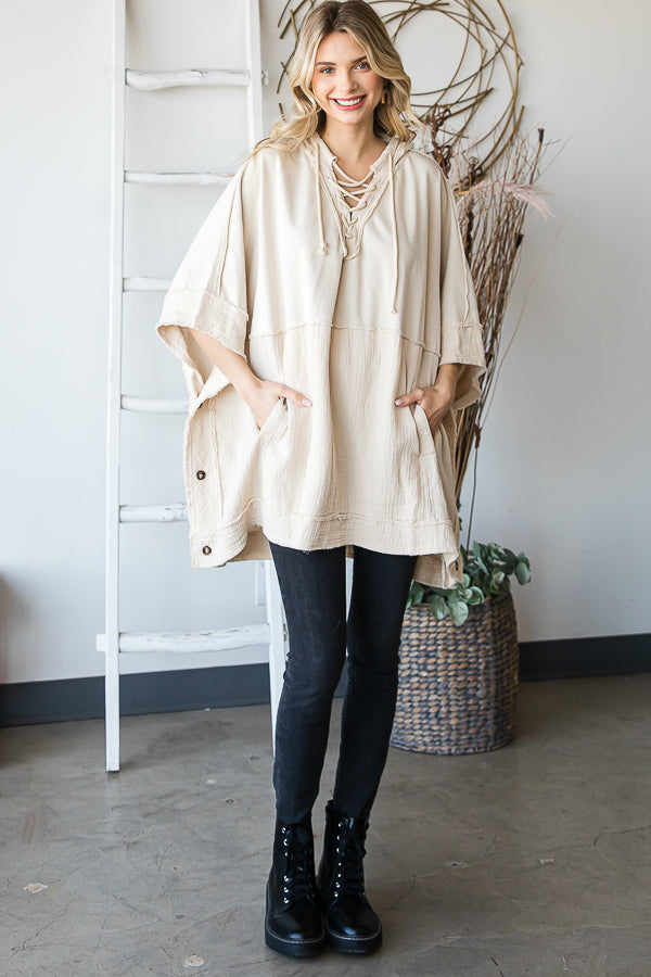 WASHED HOODED BUTTON DETAIL PULLOVER PONCHO