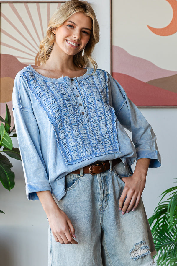 SMOCKED FRONT HENLEY NECK OVERSIZED TOP
