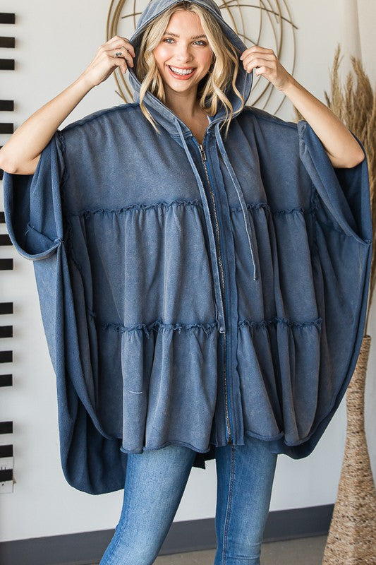 WASHED ZIP CLOSURE HOODED TIERED PULLOVER PONCHO