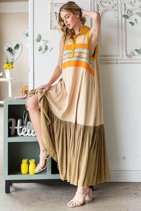 MIX MEDIA COLLAR V NECK SLEEVELESS MAXI DRESS