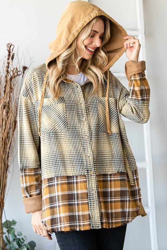 WASHED PLAID MIXED HOODED BUTTON FRONT SHACKET