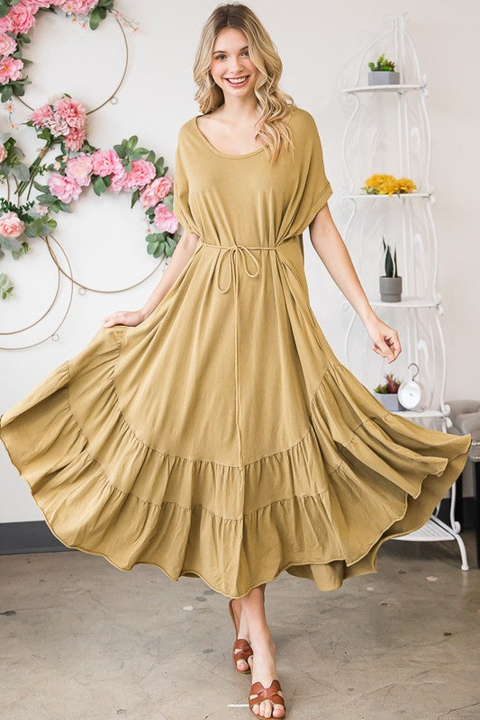 WASHED RUFFLE TIERED HEM SHORT SLEEVE MIDI DRESS