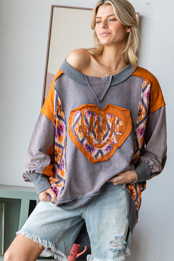 WASHED LOVE HEART PATCHWORK PULLOVER TOP
