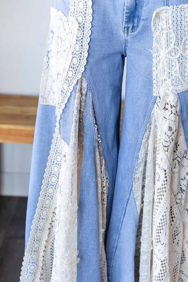 LACE INSERT DETAIL RUFFLE FLARE WIDE LEG PANTS