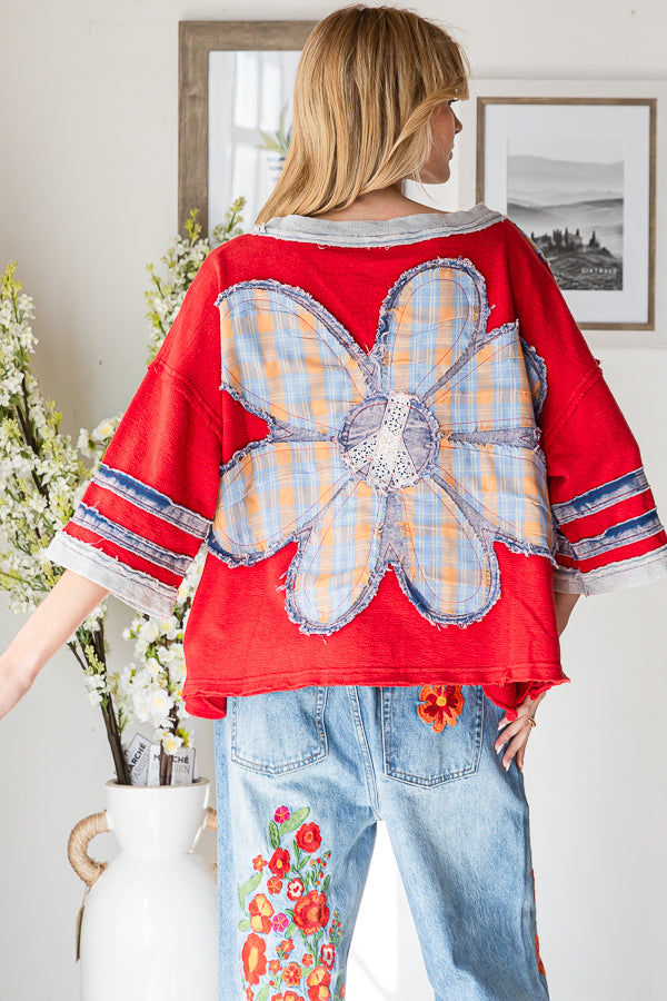 WASHED FLOWER PATCHWORK KNIT TOP