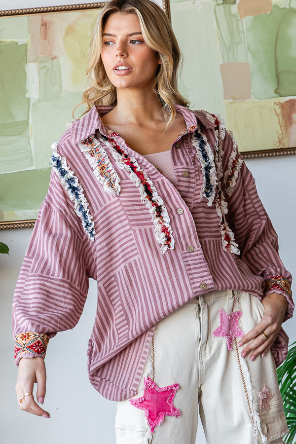 RUFFLE CONTRAST DETAIL STRIPED BUTTON DOWN SHIRT