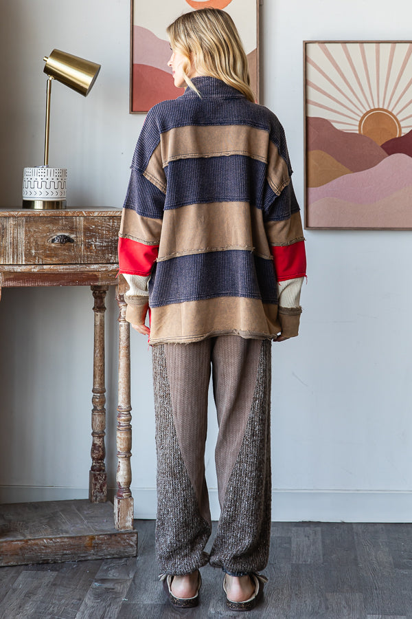 WASHED COLORBLOCK HALF ZIP PULLOVER TOP