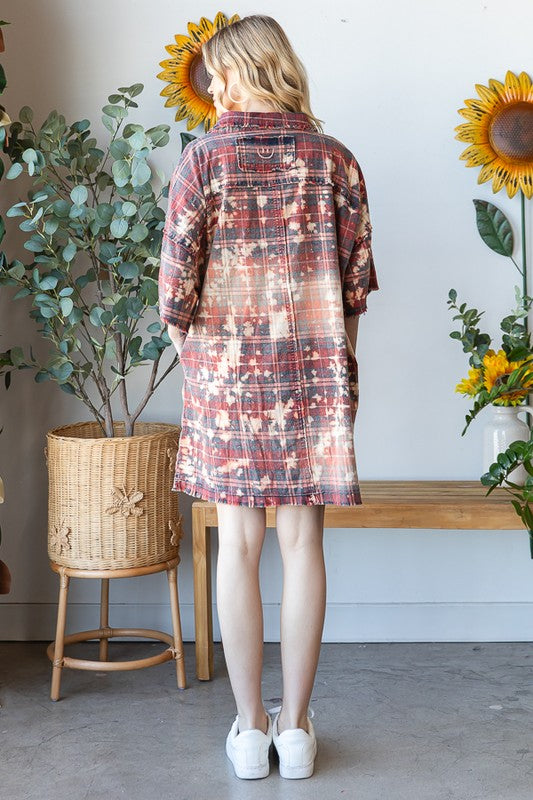 BLEACHED DETAIL WASHED SHORT SLEEVE SHIRT DRESS