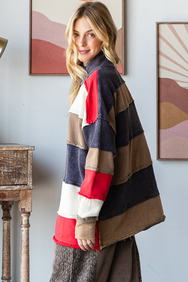 WASHED COLORBLOCK HALF ZIP PULLOVER TOP