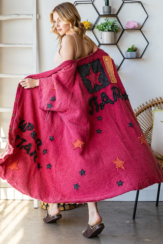WASHED STAR PATCHWORK DETAIL BUTTON FRONT DUSTER