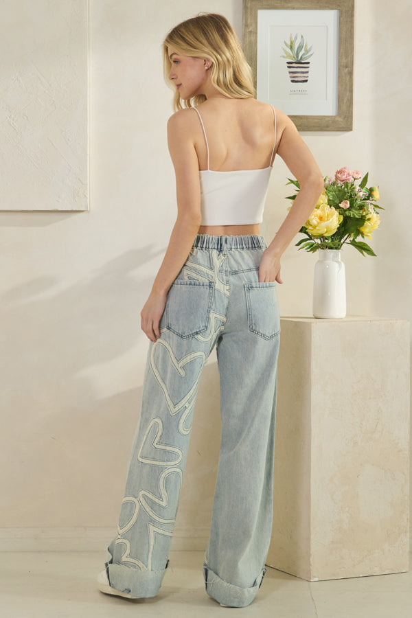 WASHED HEART PATCHWORK DETAIL DENIM JEANS